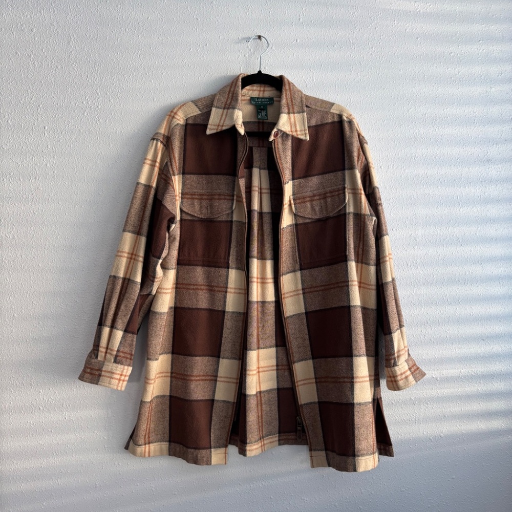 LAUREN RALPH LAUREN Vintage Brown Plaid Tartan Zip Up Flannel Jacket - Medium